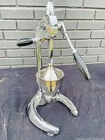 Manual citrus juicer shown from a front angle, highlighting the lever handle and sturdy base.
