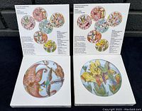 Two vintage porcelain plates in original white display boxes showing circular bird and floral designs with gold highlights, one pink-themed and one yellow-themed.