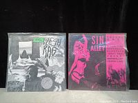 Photo of two vintage punk rock vinyl records side by side in plastic sleeves; Flesh Rag on left with black and white collage cover, Sin Alley on right with pink and black cover.