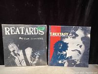 Photo shows two vintage punk rock vinyl record album covers side by side, one by Reatards titled 'Bed Room Disasters' and the other T. Rextasy titled 'The Best of T. Rex, 1970-1977'.