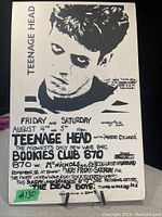 Photo of wall art board with black and white portrait and text about Teenage Head music event