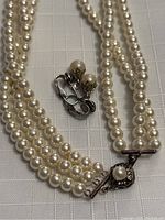 Necklace strands and earrings arranged together