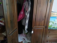 Armoire interior showing coats and holiday decor items at bottom