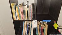 Books arranged on dark wood shelving, showing varied titles from poetry, children's literature, art, and classics.