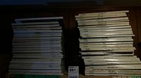 Two stacks of Vogue magazines, one pile larger unorganized and one arranged by issue