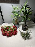 Photo of four artificial plants including bamboo, small corn plant, air fern, and bunches of red flowers displayed on a white surface.