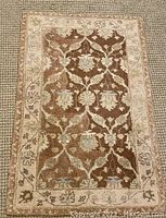 Full view of Safavieh area rug with detailed floral pattern and cream border on a brown background laid on a carpeted floor.