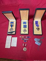 Top-down view of all medals in boxes and loose items on red cloth background