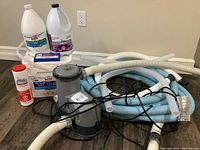 Full lot overview showing pool pump/filter, hoses, chemical containers and accessories