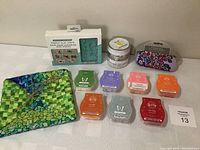 Photo of all items including Scentsy wax melts, handmade pot heat pads, light boxes, and eyewear case arranged on a white surface.