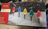 Box showing 5 colored Holiday Living path lights in red, blue, yellow, green, and red colors with black stakes.