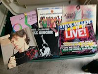Top view of container showing five vinyl titles including Lee Greenwood, Steve Miller Band, Doobie Brothers laserdisc