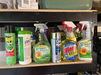 Shelf with various household cleaning products such as Raid insecticide, Lysol wipes, Clorox Green Works cleaner, Windex glass cleaner, and a Cuistot aerosol can.