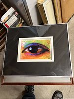 Framed original artwork laid flat showing the colorful eye image及framing details
