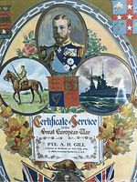 Close-up of certificate showing detailed colorful illustrations including officer portrait, soldier on horseback, battleship, Canadian flags and maple leaves.