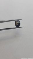 Photo of the black star sapphire held by tweezers showing the oval cabochon shape and the star reflection under light.