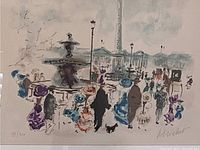 Close-up of the colorful print showing people walking around a fountain with vintage-style lampposts and an obelisk in the background.