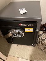 Front view of gray Sentry Safe showing combination keypad, handle, brand logo, and attached keys.