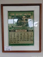 Framed full view of the 1939 calendar showing January month and entire frame