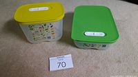 Two small rectangular Tupperware Fridge Smart containers, one with a yellow lid and one with a green lid, both with vented lids and venting instructions on the sides.