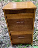 Front view of the wooden filing cabinet showing two drawers and decorative metal handles.