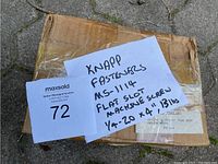 Box of Knapp Fasteners machine screws with handwritten and printed labels showing model MS-1114, flat slot machine screws size 1/4 x 20 x 4, weighing 13 lbs