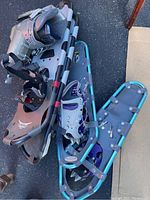 Overview image showing two different sets of snowshoes, one with gray and black bindings and the other with purple bindings and blue frames.