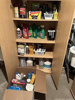 Photo of open cabinet shelves with various cleaning liquids, sprays, and boxed powdered detergents.
