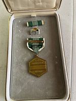 Military Merit Medal face with green and white striped ribbon, lapel pin, and ribbon bar inside original cream-lined presentation case.
