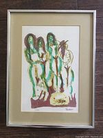 Framed abstract nude artwork depicting four female figures in watercolor or ink.