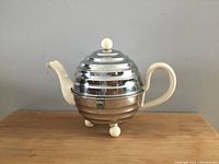 Vintage insulated teapot showing metal ribbed outer shell with silver and bronze tones, cream ceramic handle, and round feet