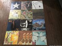 Photo of all 12 vinyl album covers laid out in a grid showing various artists and artwork.