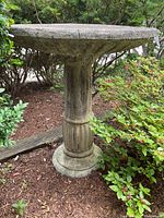 Side view showing entire birdbath with large bowl and fluted pedestal base surrounded by bushes.