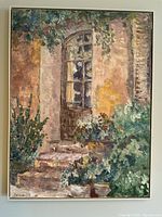 Framed oil painting showing a brick front door with a window and steps, surrounded by plants and flower pots.