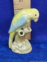 Porcelain budgie bird figurine with yellow and blue coloring, sitting on a branch with a hole for holding a small flower. Ruler in background shows size measurements around 4-5 inches tall.