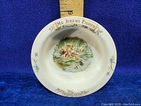 Front view of ceramic child's bowl with Mr Jeremy Fisher illustration and floral border