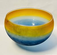 Side view of the bowl showing frosted multicoloured gradient from yellow to blue