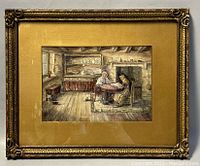 Front view of framed watercolour painting showing two women inside a rustic room.