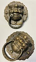 Top and front view of both cast metal lion head door knockers showing face, ring, and textured details.