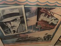 Photo showing a framed poster for John's Grill restaurant with a man's portrait and neon sign artwork.