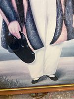Close-up detail of the boy's print showing the lower half of the figure in white pants and black shoes holding a small black boat