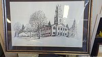 Black ink drawing framed print showing the First Church in Simsbury, CT, signed and numbered 31/50 by Patricia McIsrac, dated 1986.