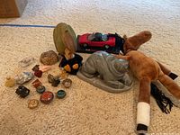 Wide photo showing all items laid out on a cream carpet including stone frog, plush horse, red toy car, jars, and rocks.