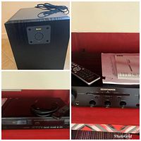 Collage showing Boston subwoofer, Marantz amplifier front with remote/manual, Denon CD player