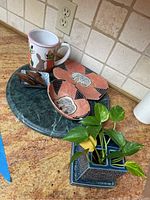 Overview of the animal themed home decor set including planter, ceramic dishes, wooden container, and marble tray.