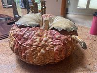 Front angled view of the ceramic pumpkin soup tureen with lid and ladle visible on countertop