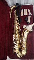 Full view of saxophone body and accessories inside open case