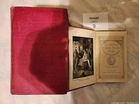 Photo of one open red cloth-bound book showing an illustrated scene and the title page indicating author Edgar Allan Poe.
