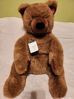 Chocolate brown Gund teddy bear plush with tag attached, seated upright, showing full front view.