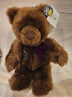 Front facing photo of a chocolate brown Gund teddy bear plush with purple ribbon on neck and tags attached.